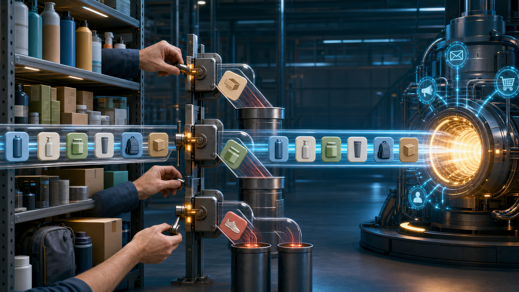 Products move from warehouse shelves through data validation gates into an automated campaign system while hands adjust the feed controls.
