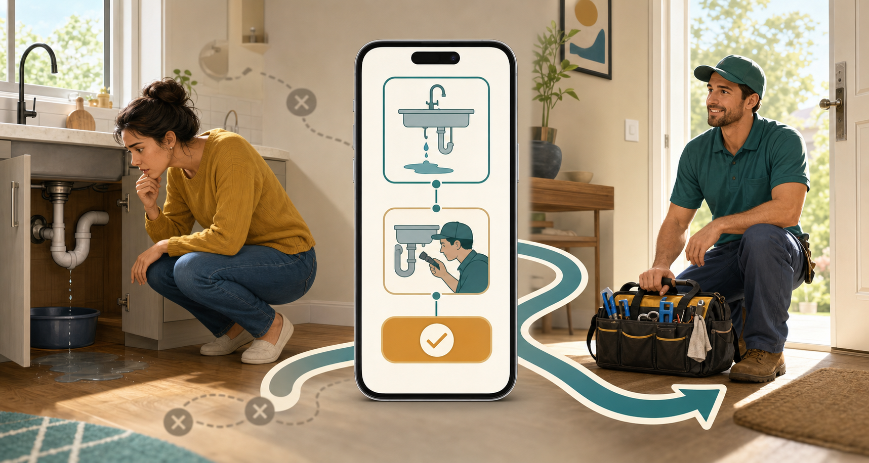 A resident with a leaking sink follows a visual path through a mobile problem page to a visiting plumber.