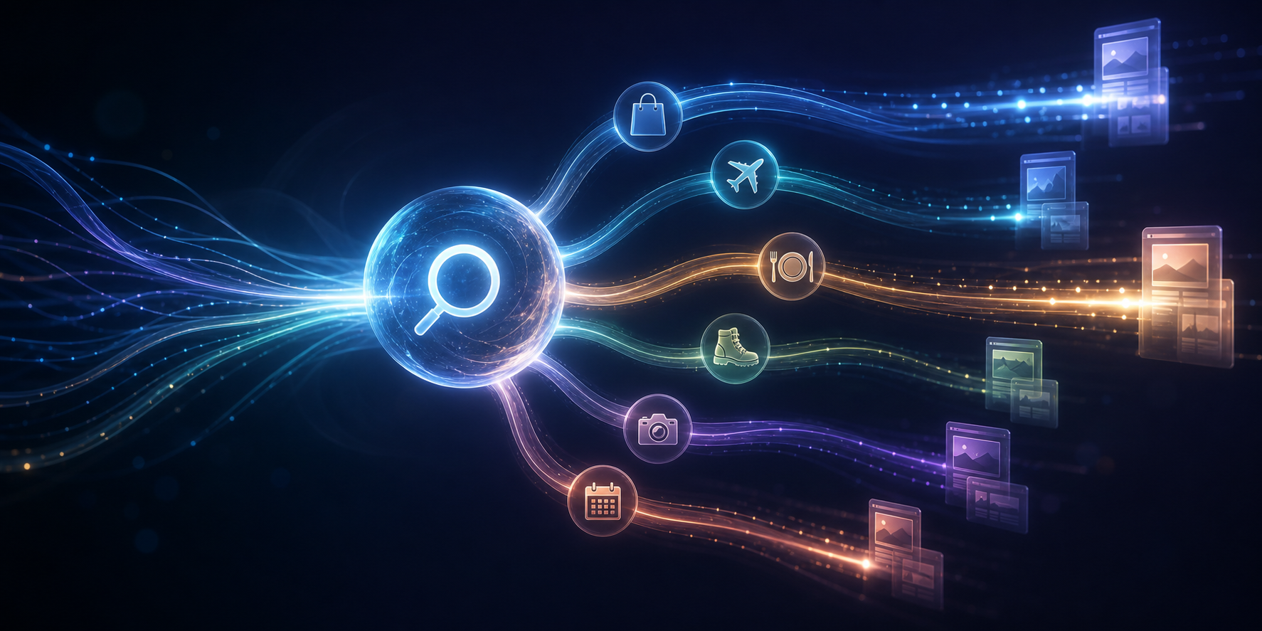 A glowing search orb branches into different personalized answer paths shaped by shopping, travel, dining, outdoor, camera, and calendar symbols, with publisher page tiles receiving varying streams of light.