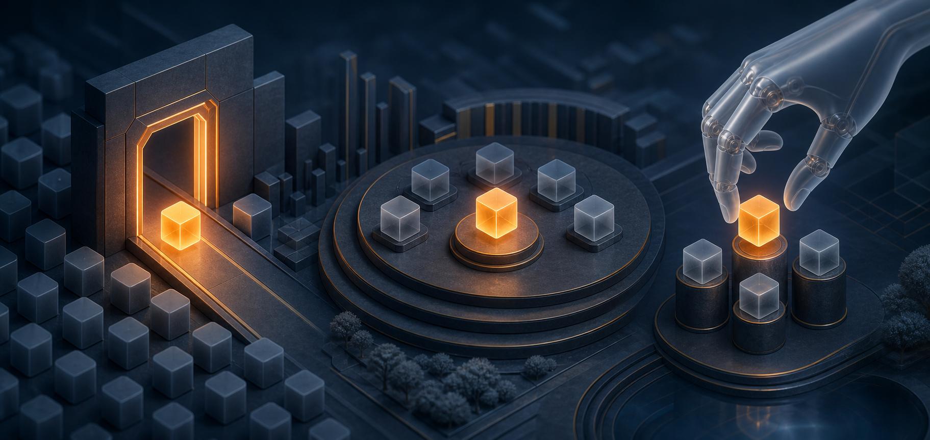 A glowing geometric token passes through a gateway, stands among competitors on a platform, and is selected by a translucent robotic hand.