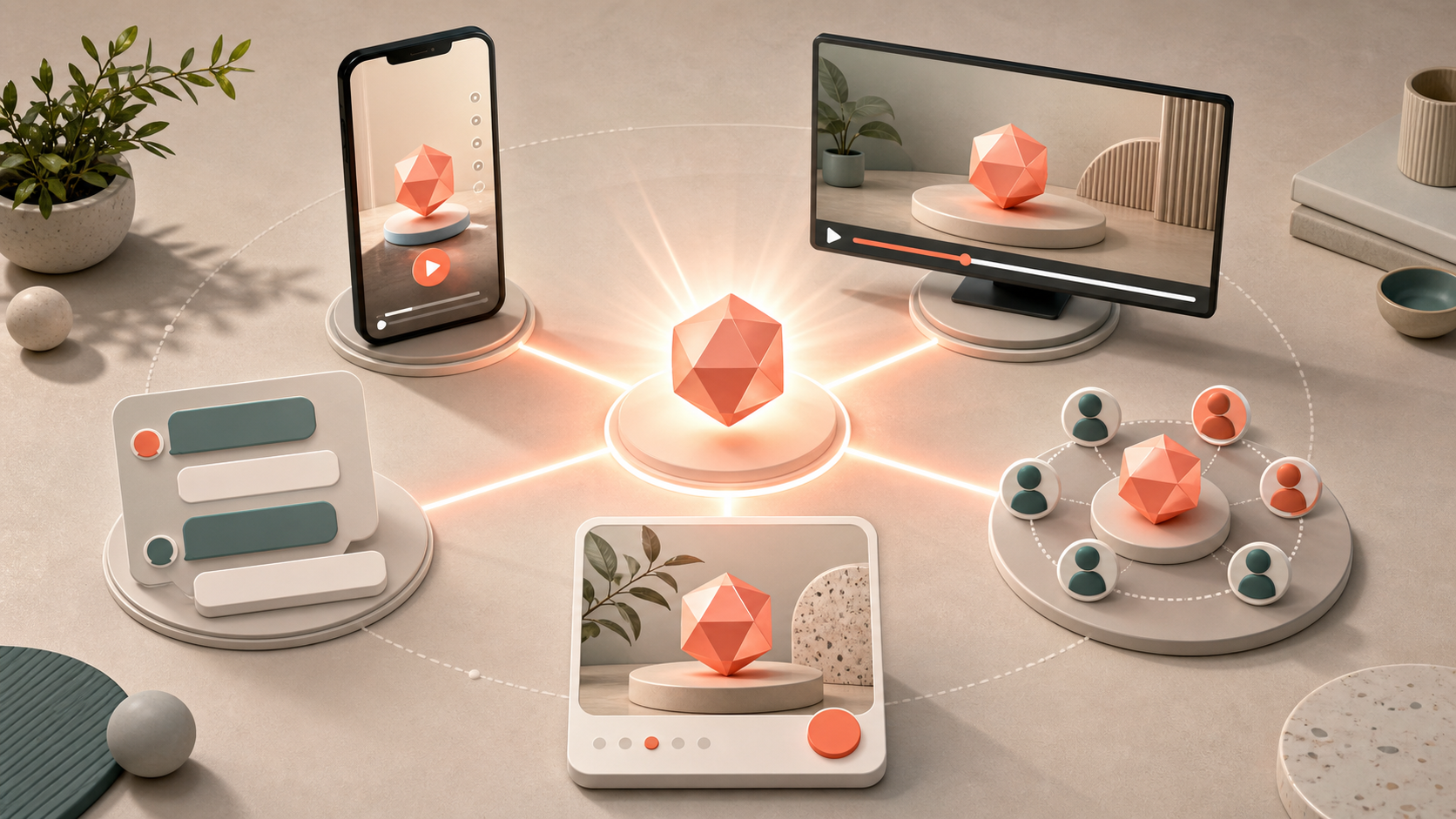 A central geometric object is adapted into several unlabeled media formats arranged around a circular creative workspace.