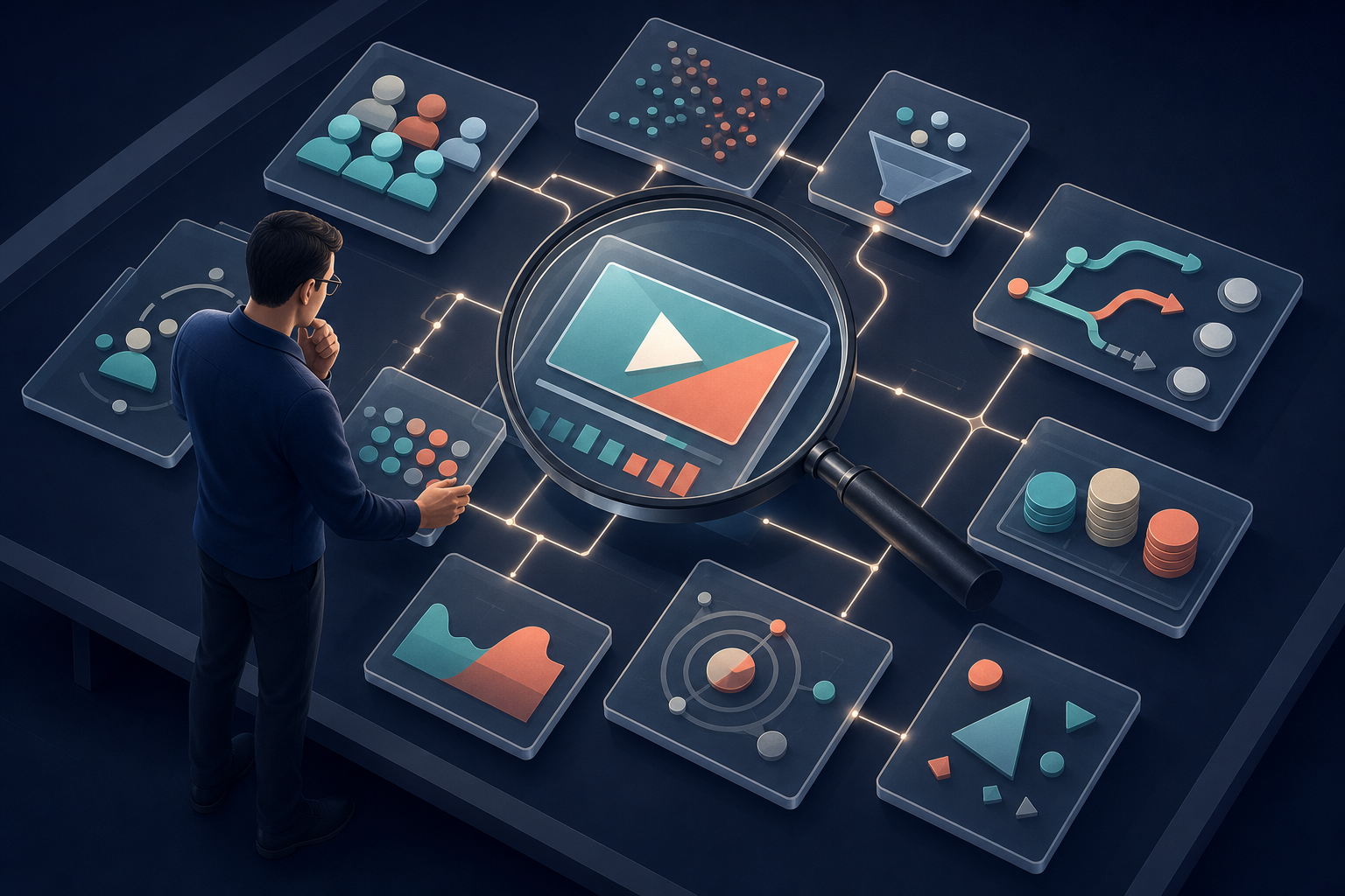 An analyst examines a video performance tile with a magnifying lens while it remains connected to audience, budget, and conversion evidence.