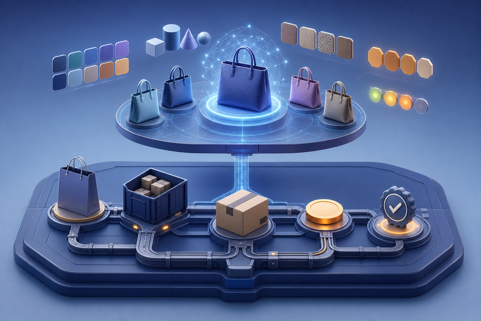 Cutaway illustration with an upper layer interpreting product variants and a lower layer connecting inventory, payment, delivery, and order confirmation.