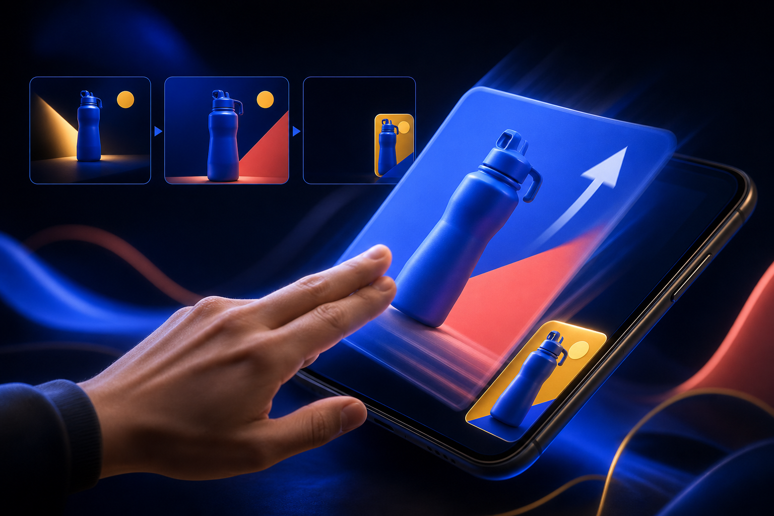 A hand dismisses a video on a smartphone while a smaller tile with the same unbranded product silhouette remains visible at the screen edge.