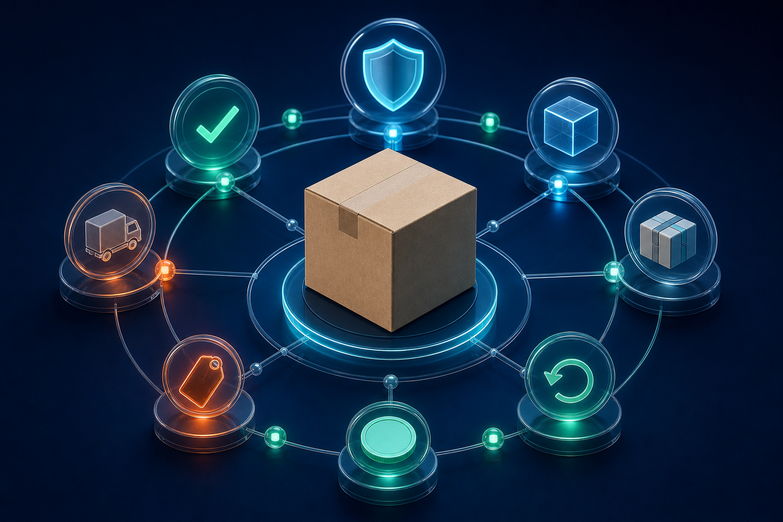 A product package surrounded by linked security, inventory, delivery, returns, payment, and verification symbols, with two visibly inconsistent signals disrupting the network.