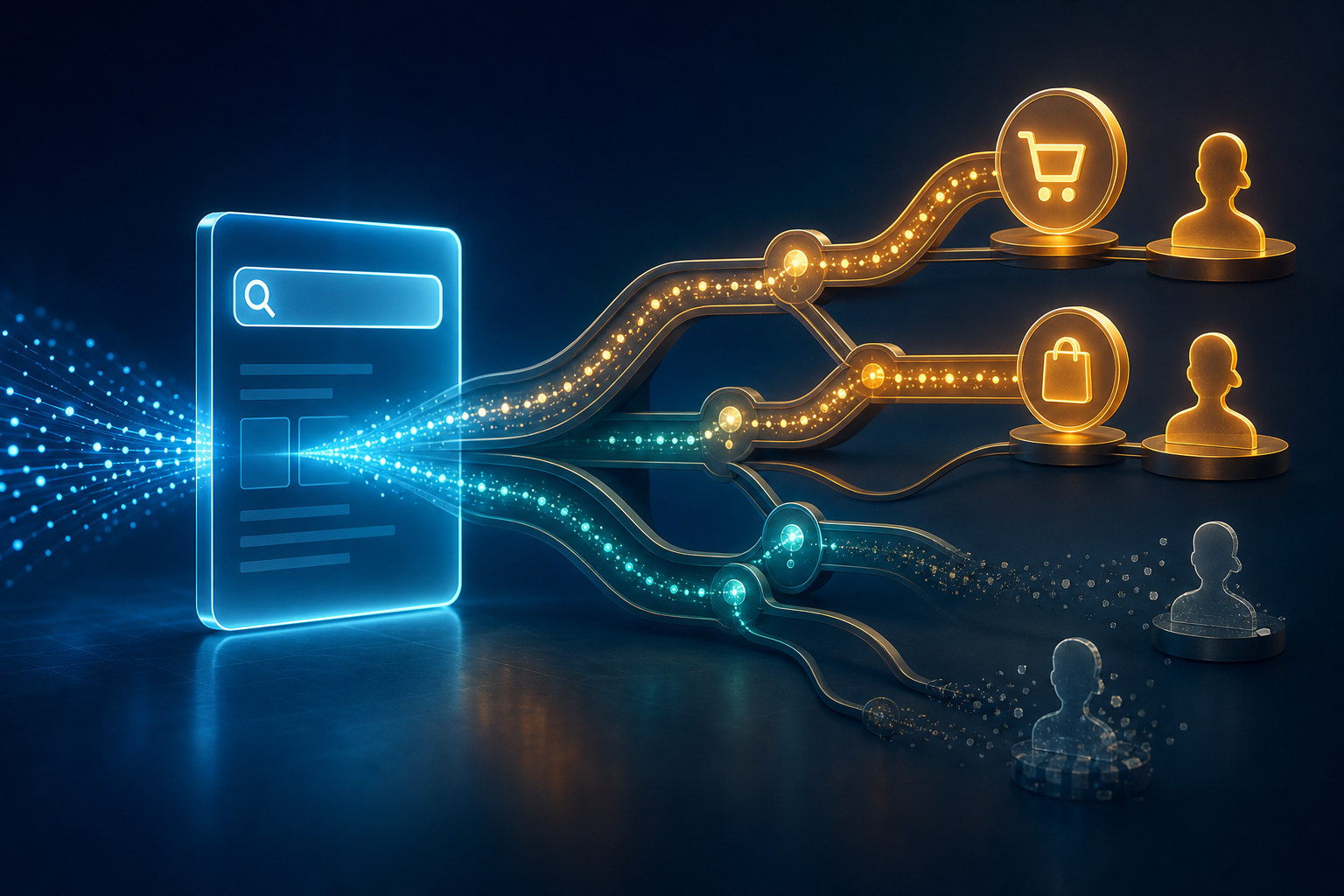 An unbranded search panel sends streams of traffic through branching pathways toward customer and transaction symbols, with some streams fading before completion.
