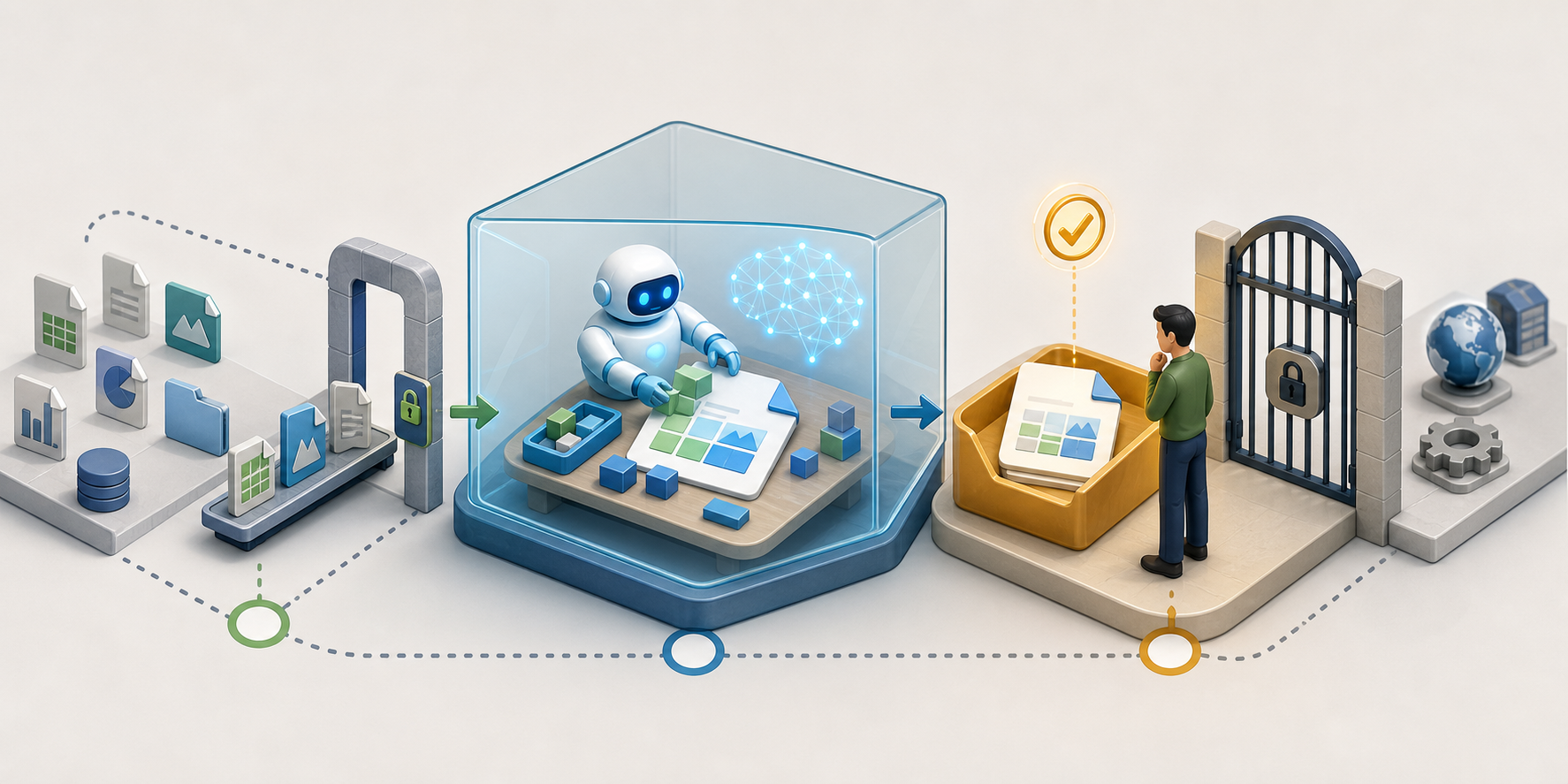 A limited set of files enters an AI drafting sandbox, where the resulting draft is held for human review before a closed action gate.