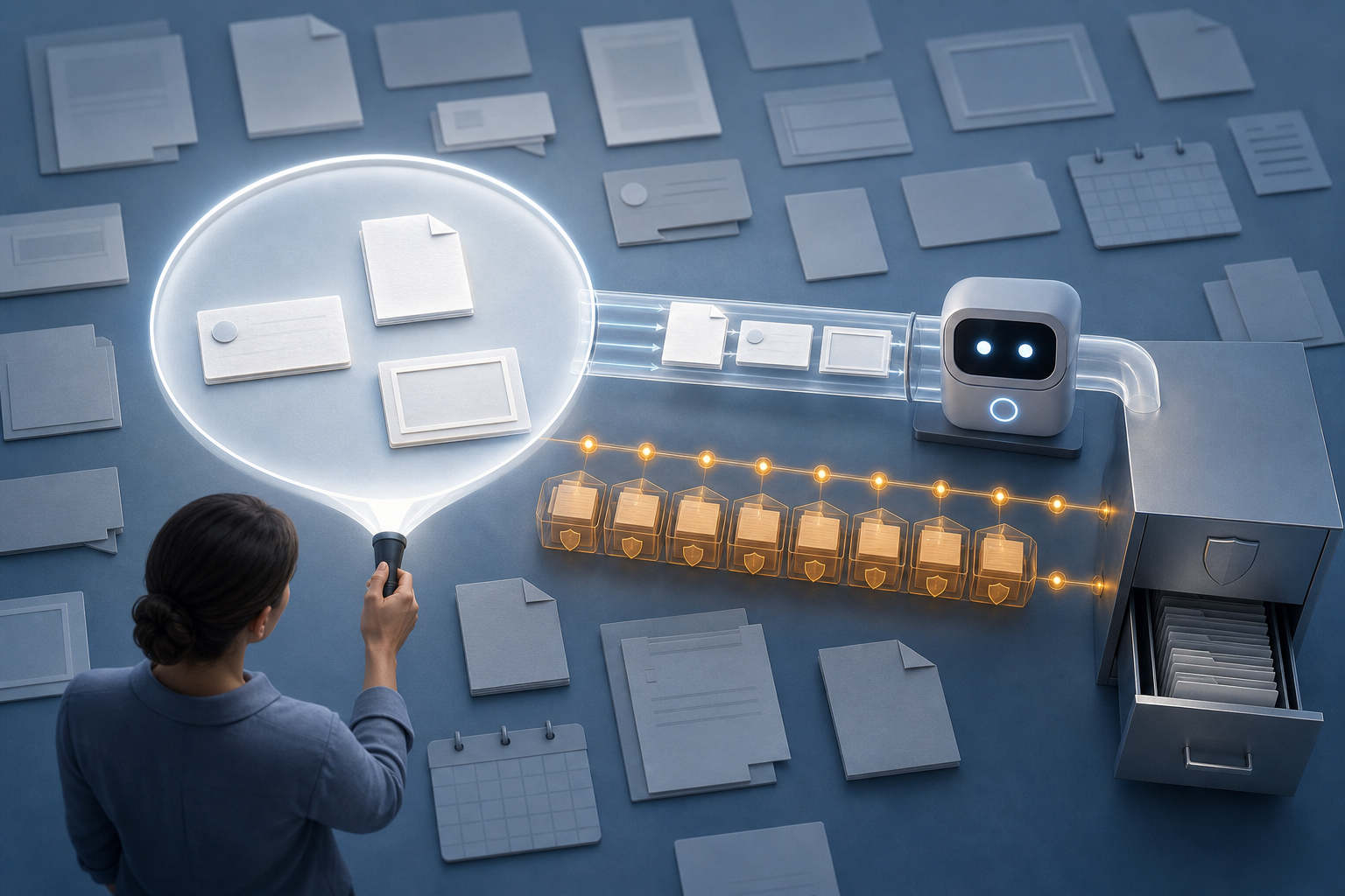 A person selects a few relevant workspace items for an AI assistant while excluded files remain outside the access boundary and an audit trail leads to a secure archive.