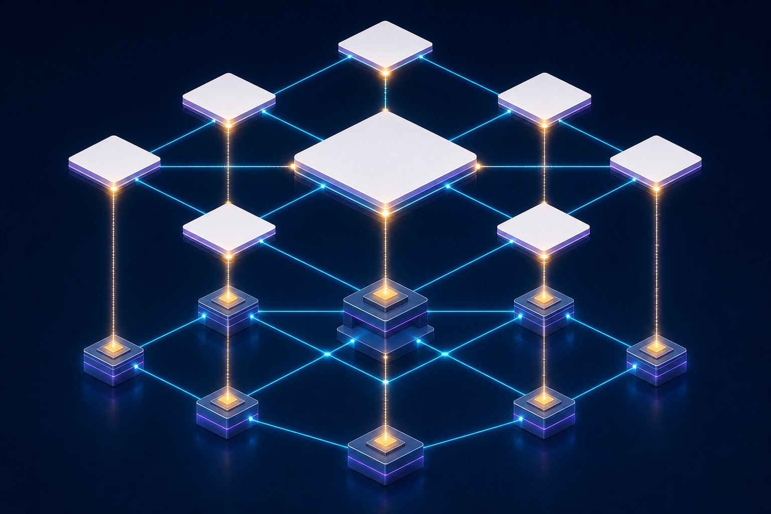 Linked content-page tiles sit above a matching lattice of structured data nodes, with light bridges joining the two layers.