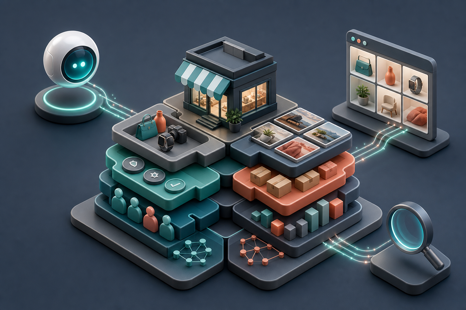 A modular stack of storefront, product, evidence, inventory, and data elements connects to three abstract discovery interfaces.