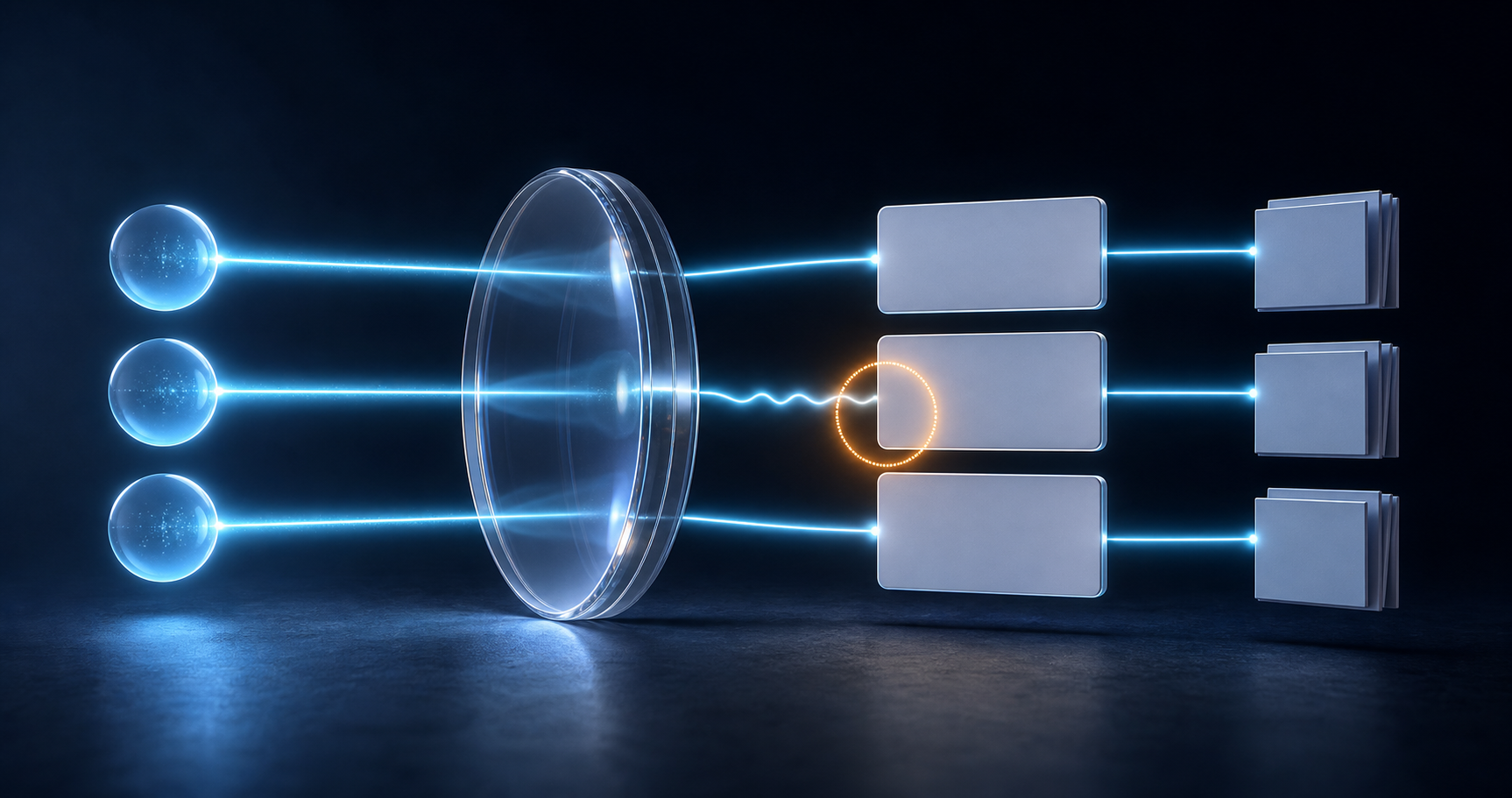 Three query orbs connect through an inspection lens to blank answer cards and source documents, with one connection highlighted for review.