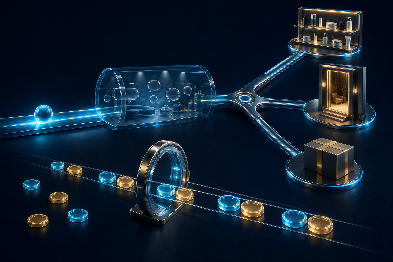 A glowing interaction moves through a branching journey toward a product shelf, consultation doorway, or parcel while paired measurement and budget tokens pass through one gate.