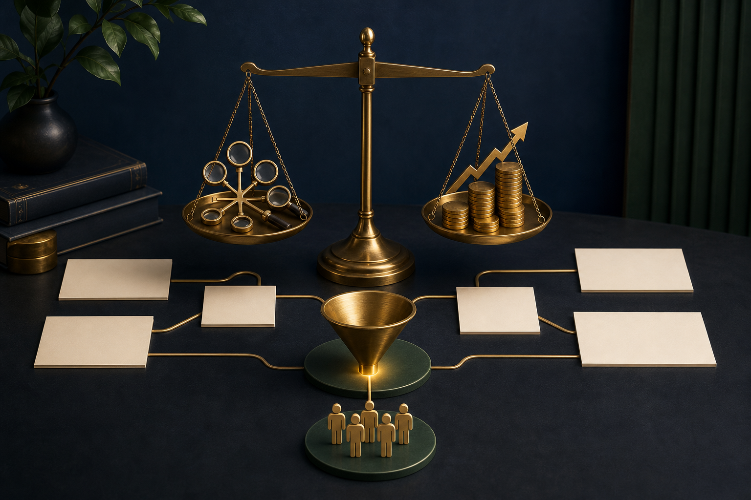 A balance scale connects search pathways and page cards with coins, a sales funnel and customer silhouettes.