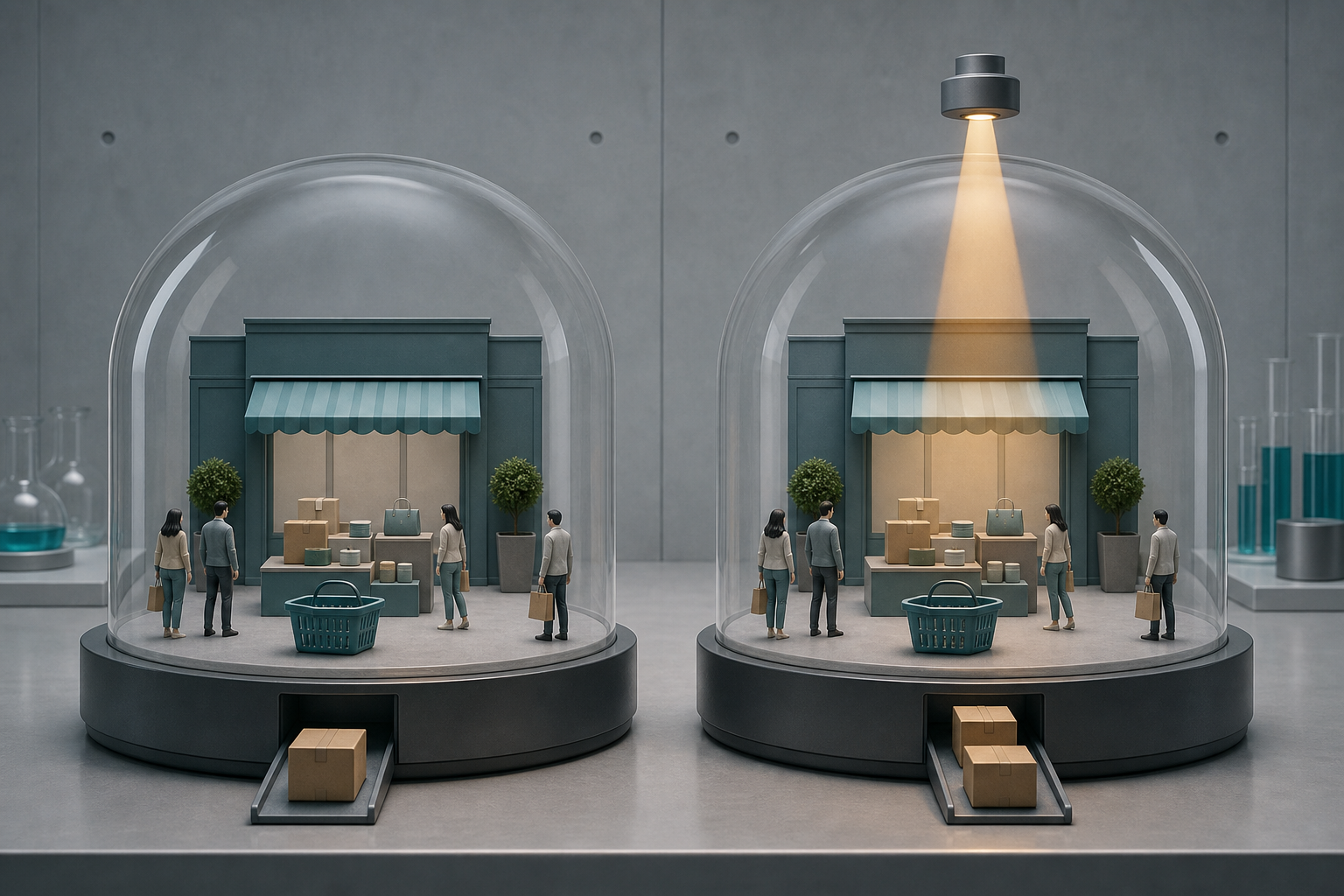 Two matched miniature ecommerce environments sit under glass domes, with one receiving an intervention and producing an additional parcel.