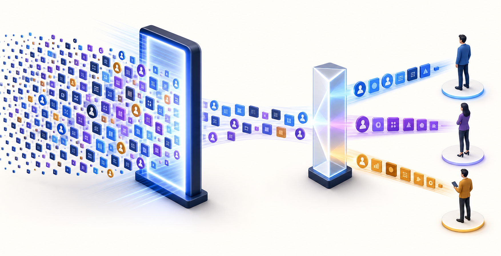 Abstract content tiles pass through a broad selection gateway and then a second prism that orders different feeds for three viewers.