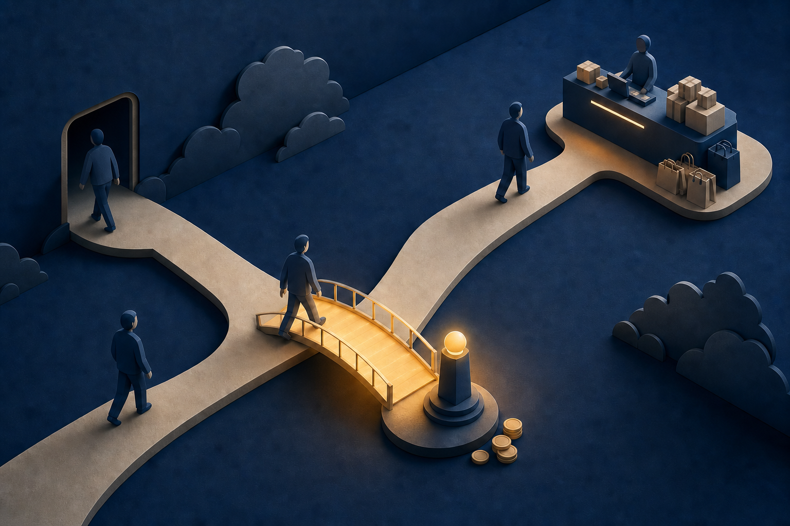 Shopper figures move along different paths toward checkout, including one redirected from an exit by an illuminated bridge.