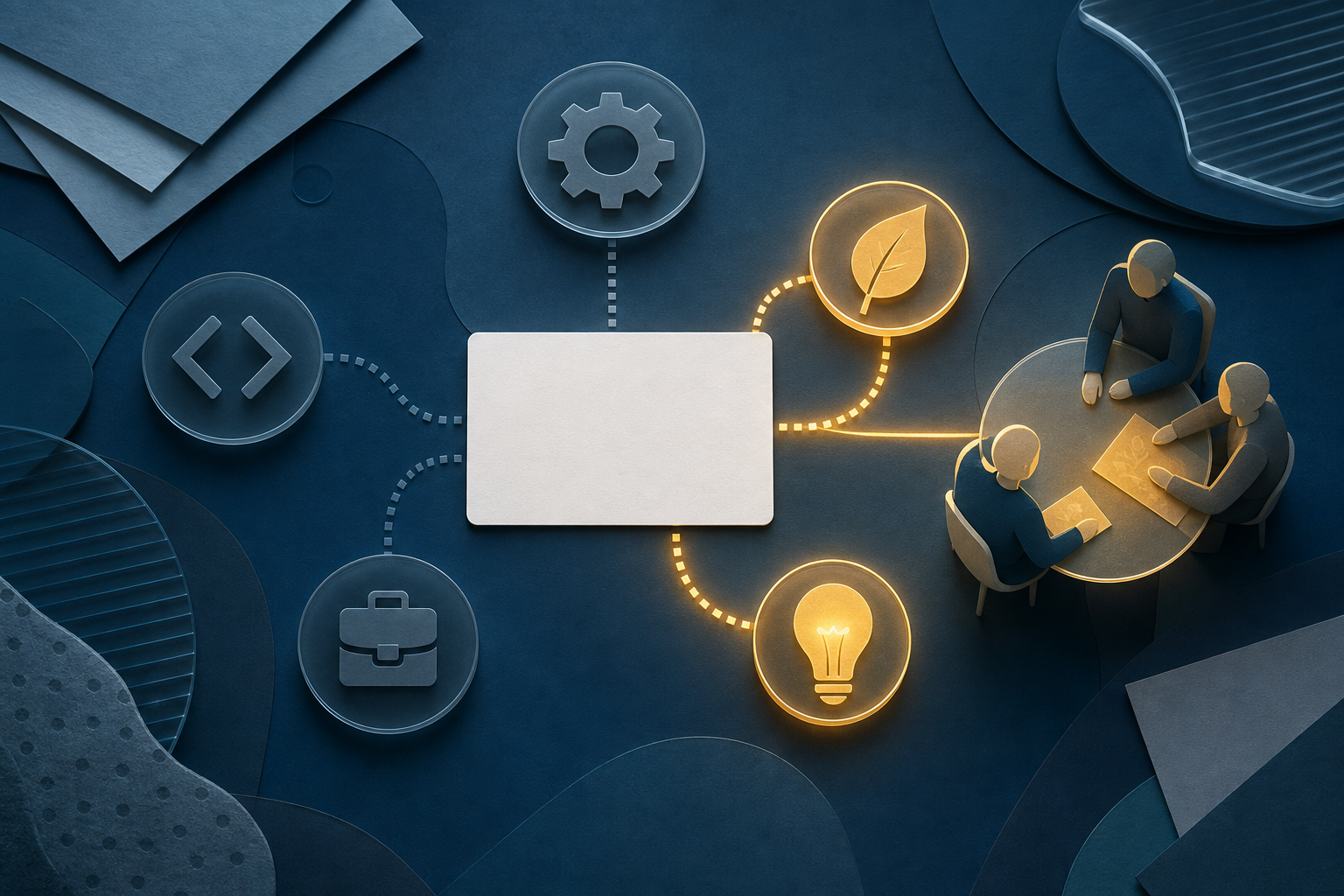 A blank content card emits a focused constellation of topic symbols that connects with a matching group of professional readers.