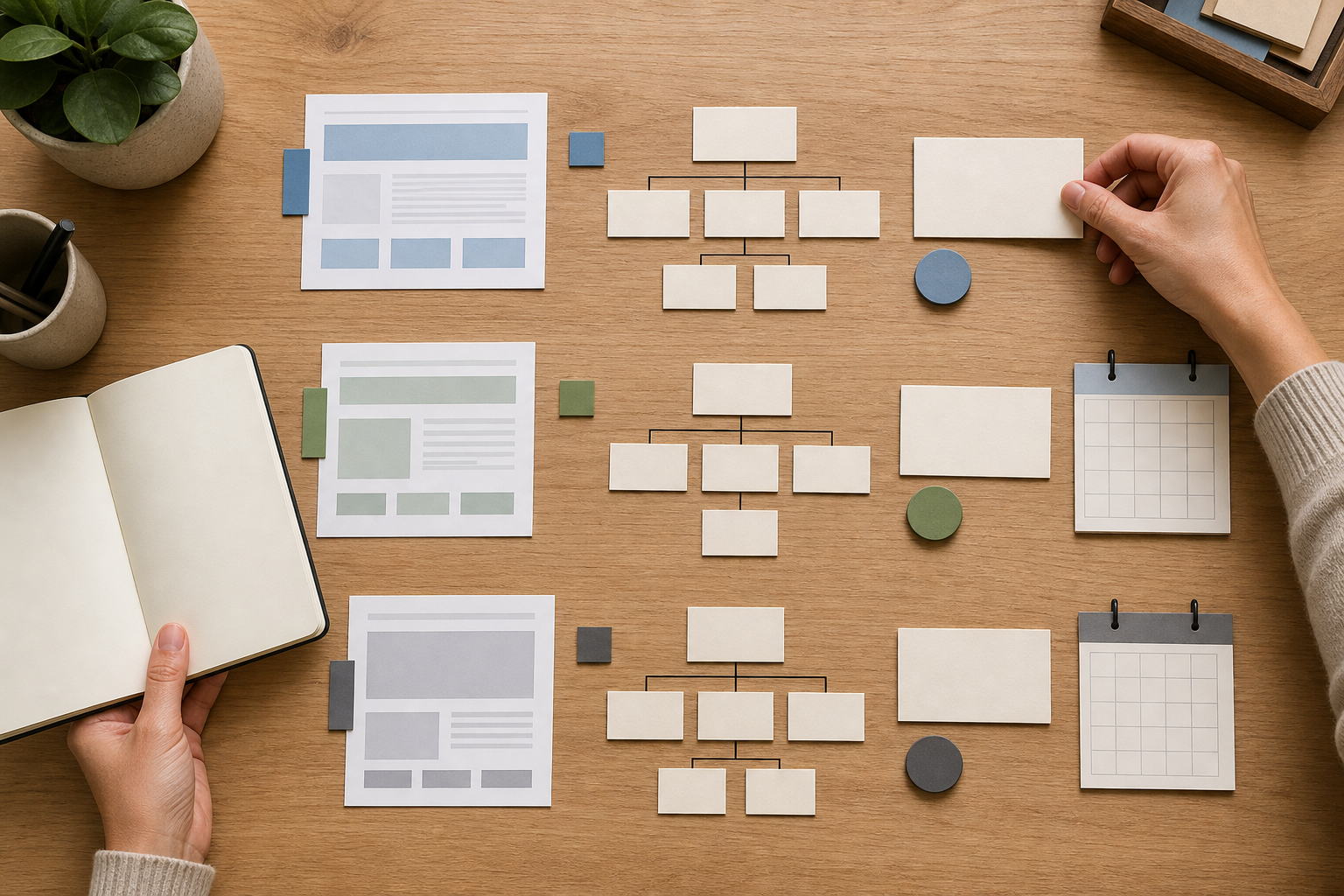 Hands organize text-free project cards, webpage mockups, colored tabs, and outcome markers into evidence groups on a desk.
