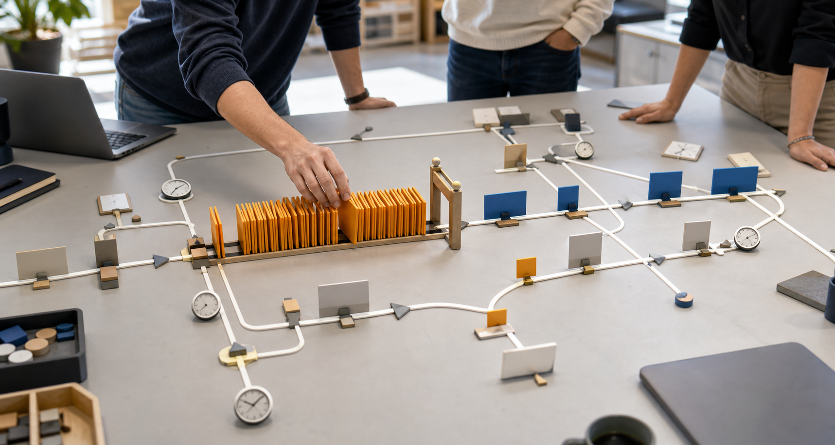 Operations team examining a tabletop workflow model where creative asset cards are backed up at a narrow approval gate.