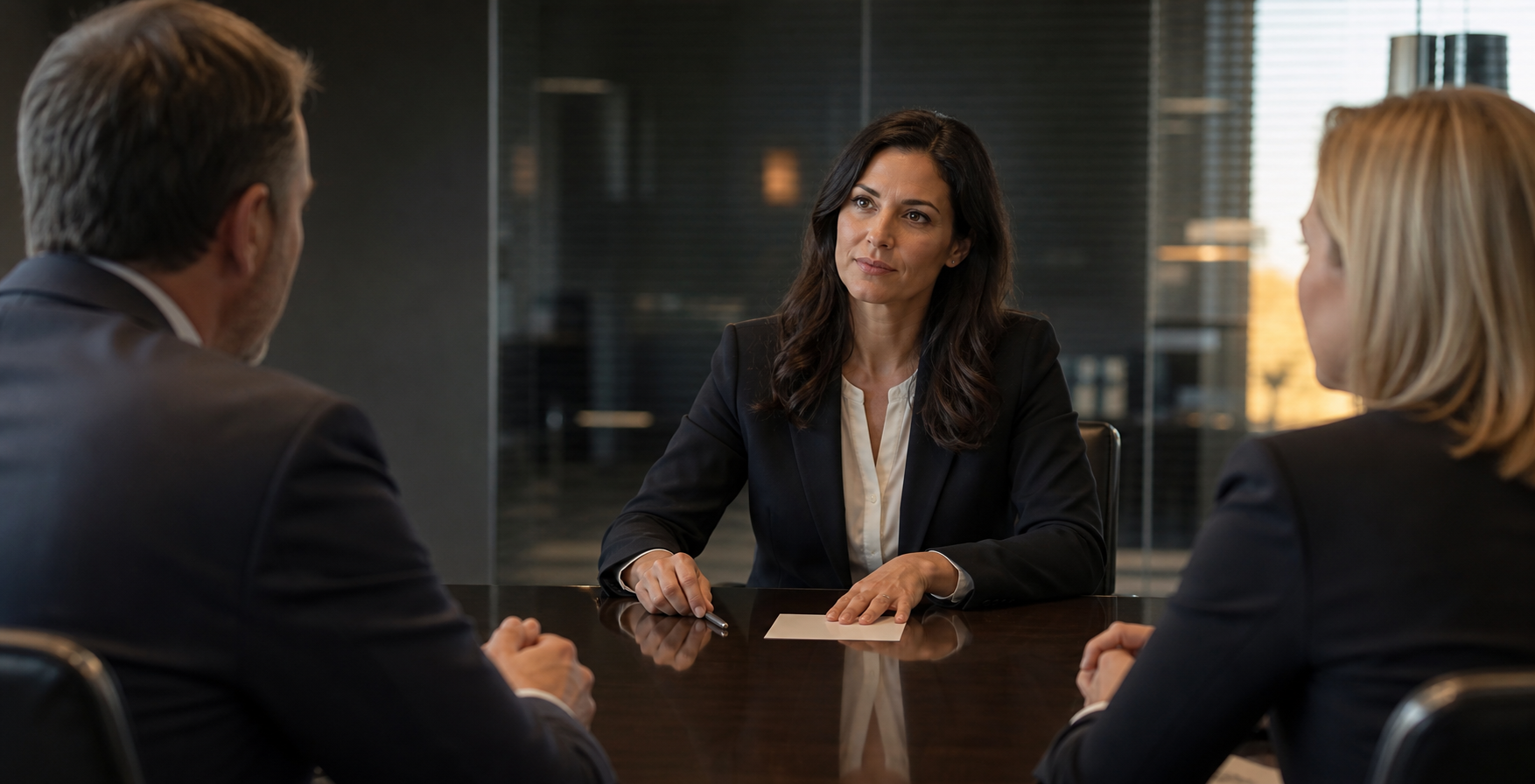 A composed job candidate pauses thoughtfully while two interviewers listen across a conference table.