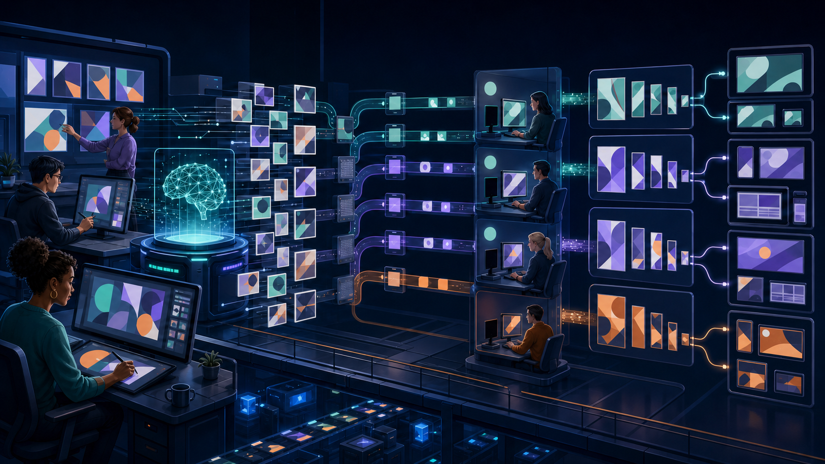 Modular creative workflow routing a high volume of human- and AI-produced assets through automation, quality review, and multichannel delivery.