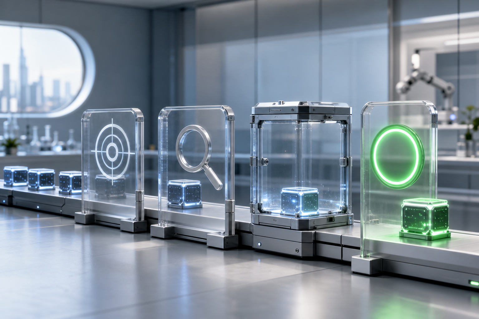 A glowing software module passes through a sequence of visual testing gates in a modern evaluation lab.