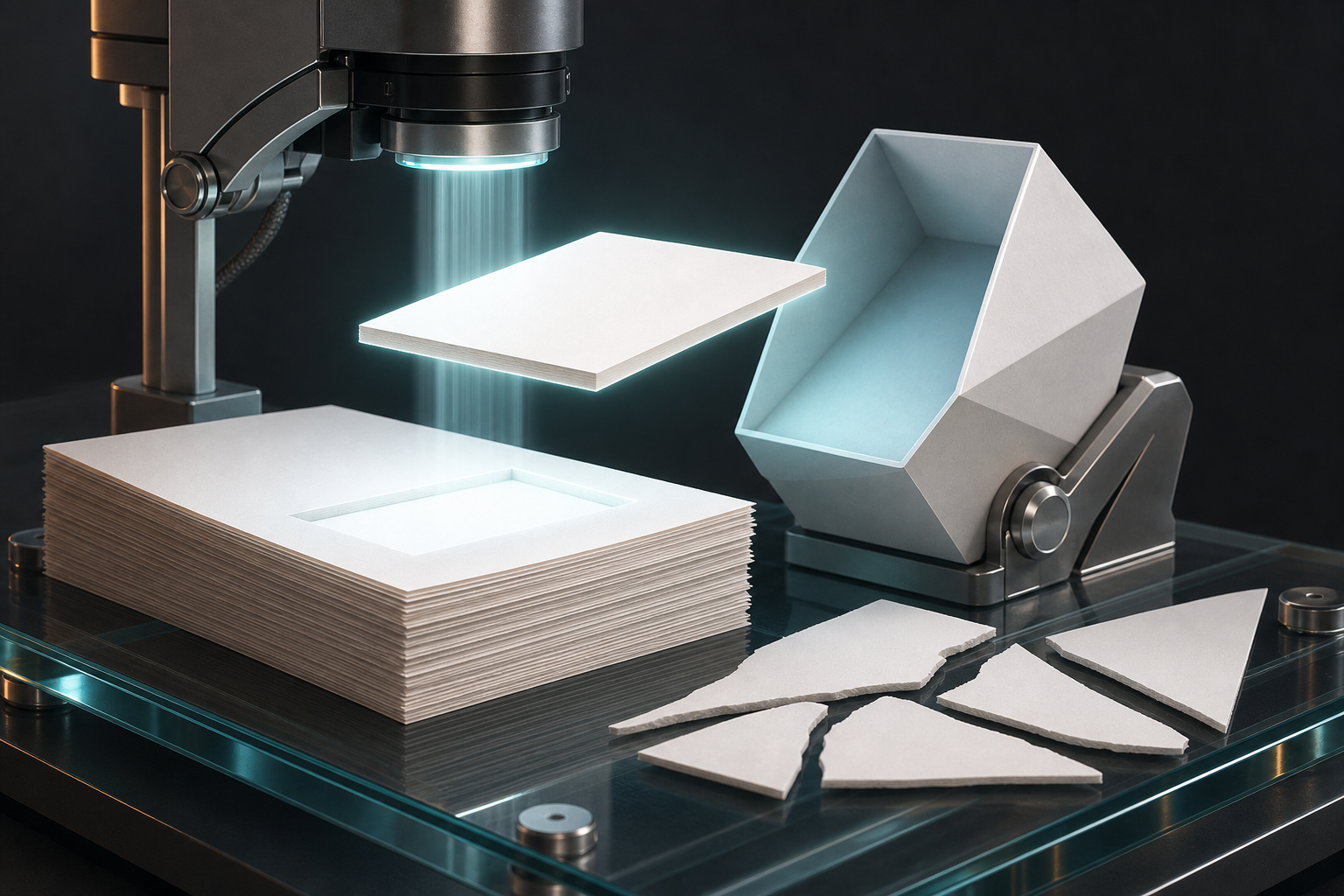 A focused beam lifts one intact blank passage block from a page toward a faceted answer structure while fragmented pieces remain behind.