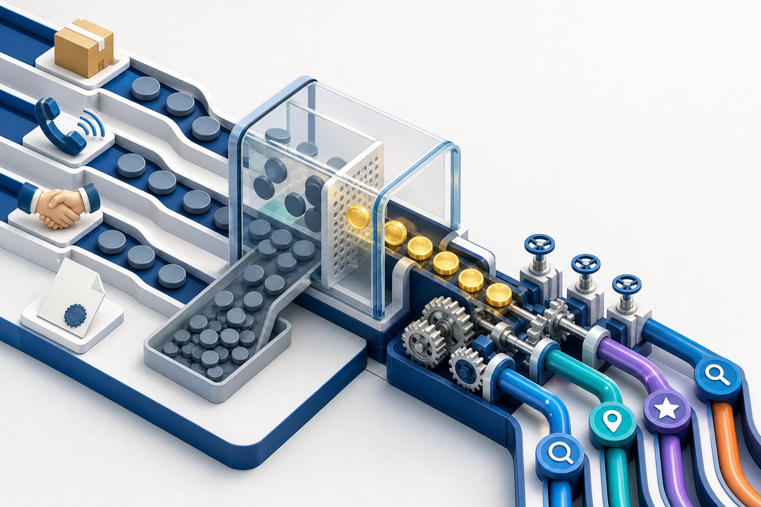 Customer-action symbols pass through a transparent filtering chamber before validated gold tokens activate downstream gears and channel controls.