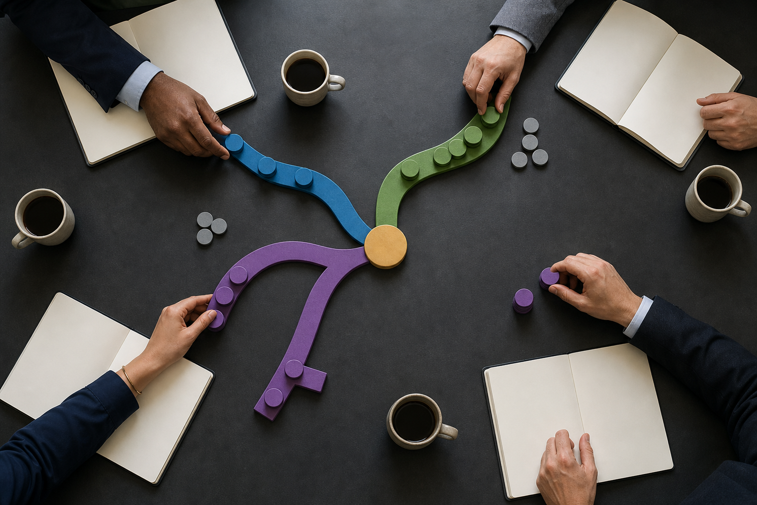 Business professionals move investment tokens among three colored tabletop pathways that converge on a single gold destination.