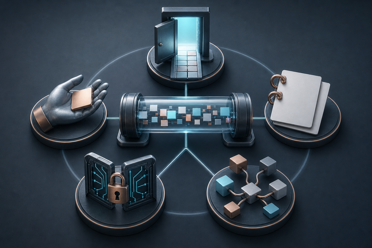 Five symbolic lenses surround a transparent pipeline carrying abstract content tiles, with a doorway, hand, blank documents, circuit gate, and application modules representing different areas of review.