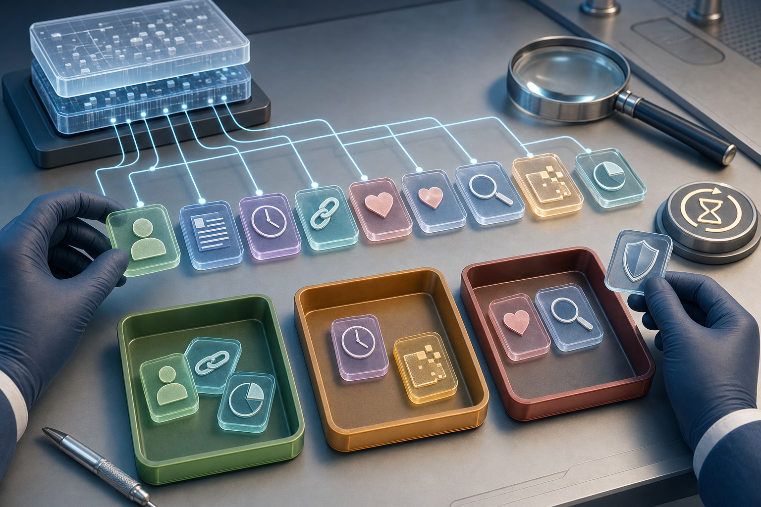Gloved hands sort the separated fields of a generic web record into color-coded trays beside a magnifying lens, privacy shield, timer, and source trail.