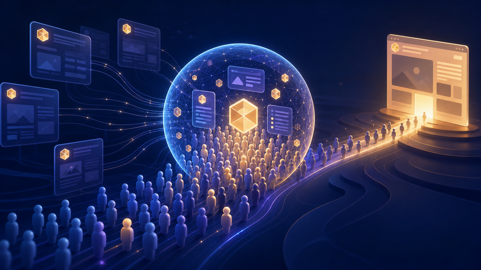 Abstract visitors flow toward a glowing AI answer sphere, with some continuing along a path to a warm-lit website while connected source cards surround the sphere.