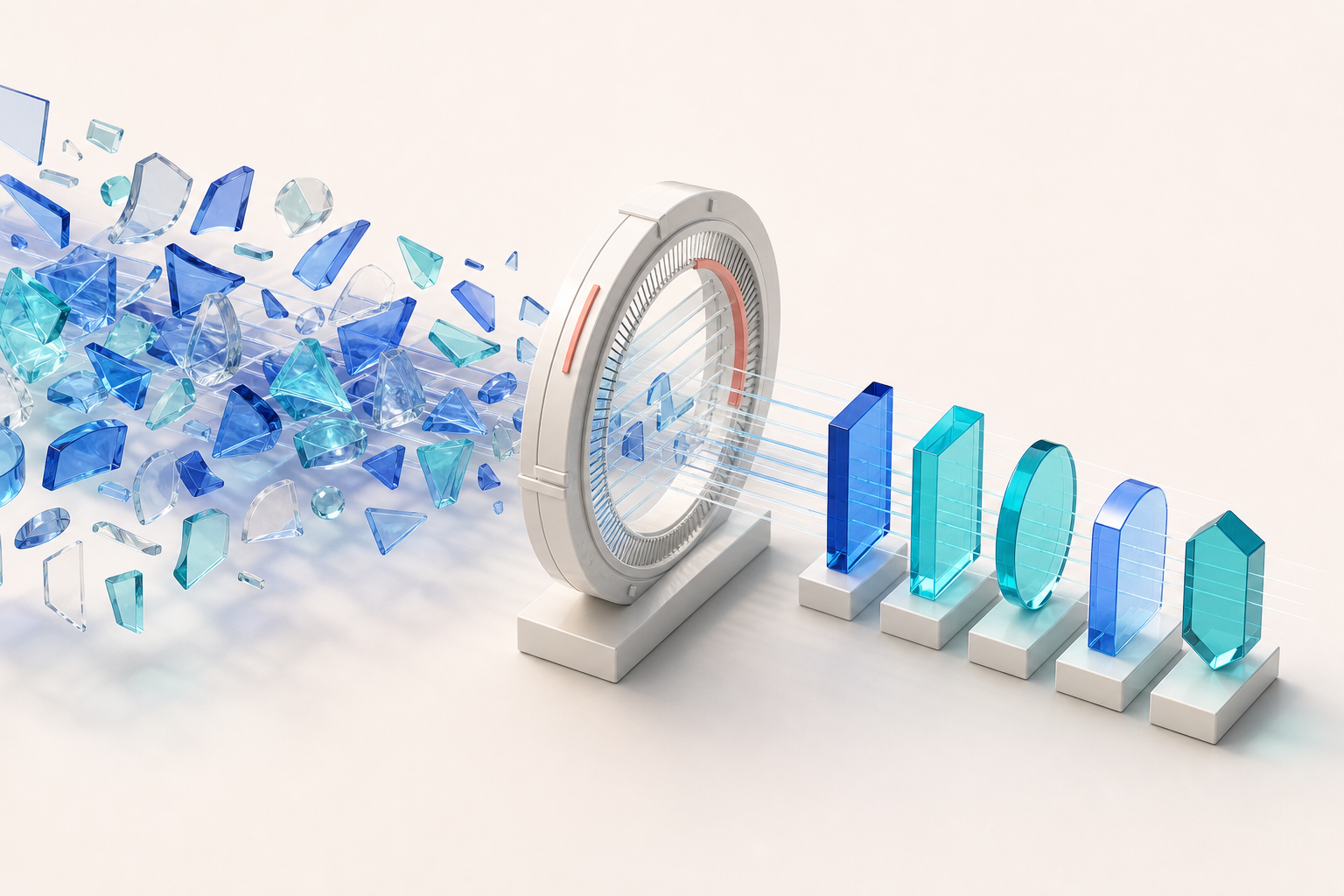 Translucent data fragments pass through a circular framework and emerge as an orderly set of comparable geometric forms.