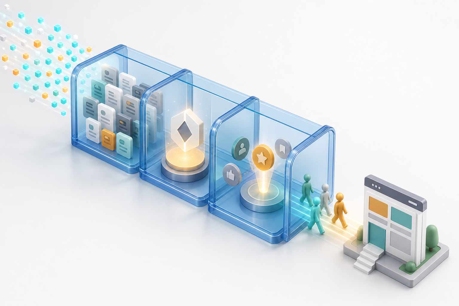 An isometric transparent funnel moves query particles through source visibility, brand recognition, recommendation, and a final path to a website.
