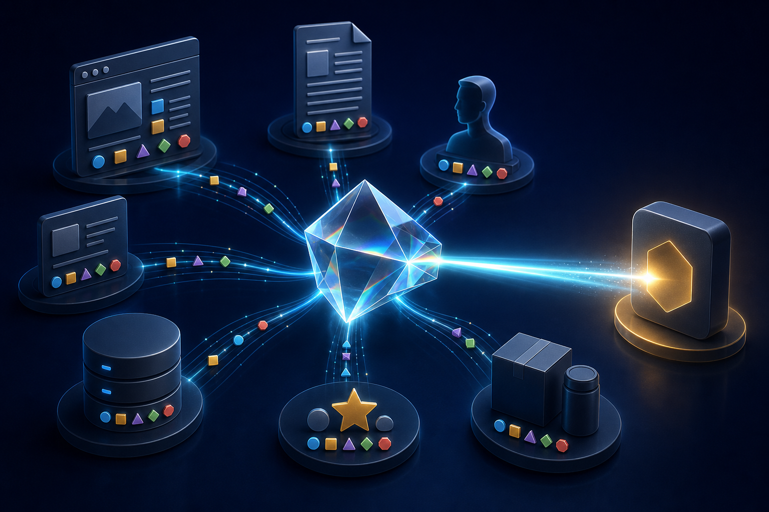 A crystalline recommendation prism receives glowing connections from webpages, research, an expert profile, a product, reviews, and a database containing matching evidence markers.