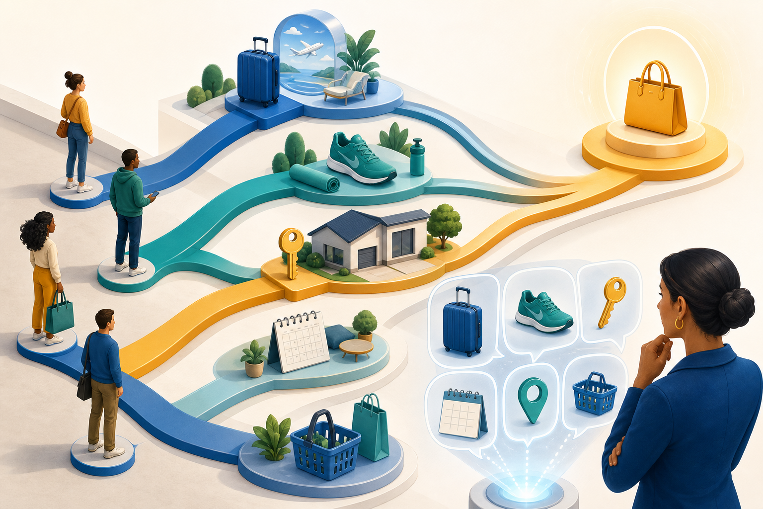 A strategist examines visual intent clues as shoppers follow branching paths toward different products and services.