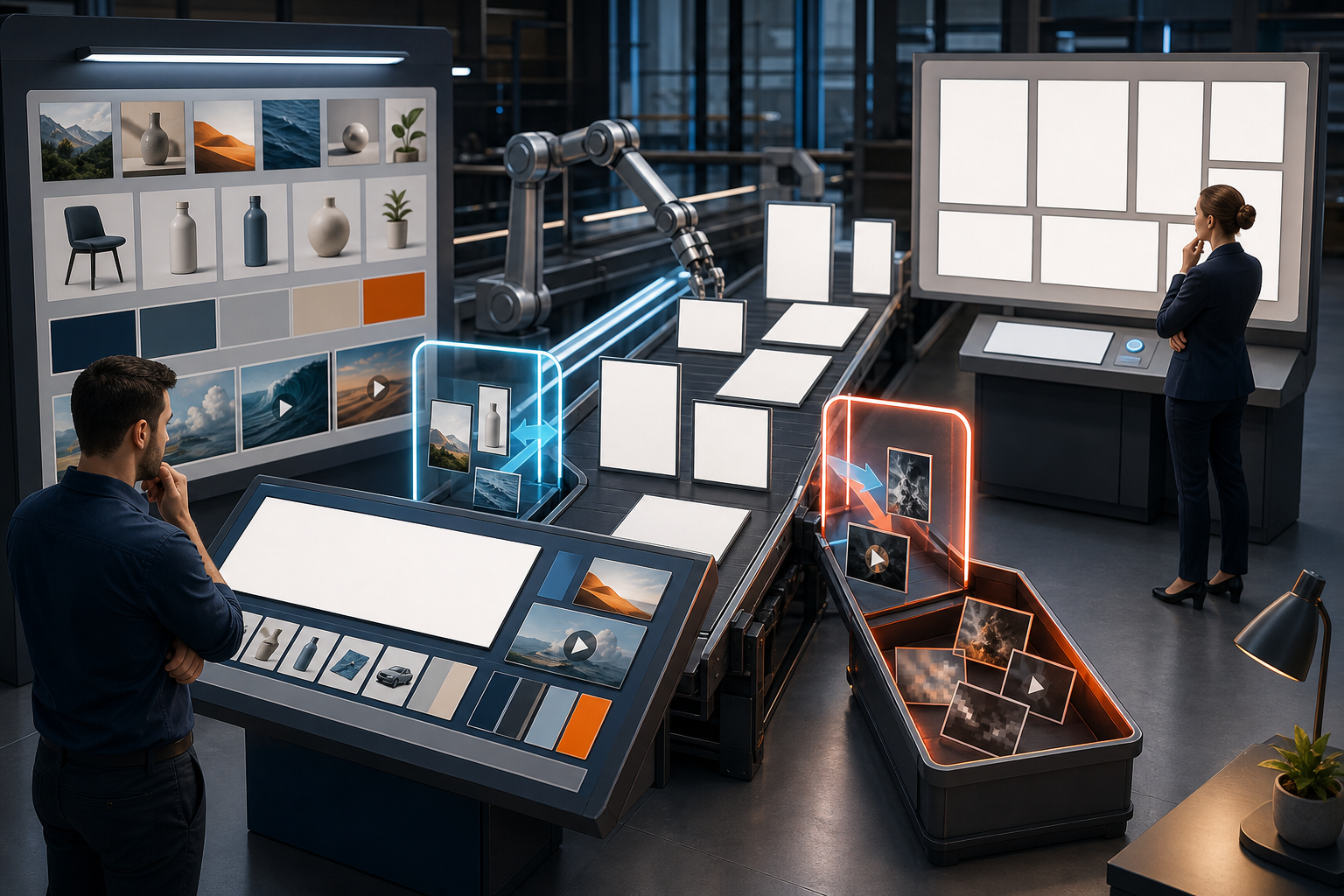 Two marketers review automated ad layouts while approved assets pass through digital guardrails and rejected assets are set aside.