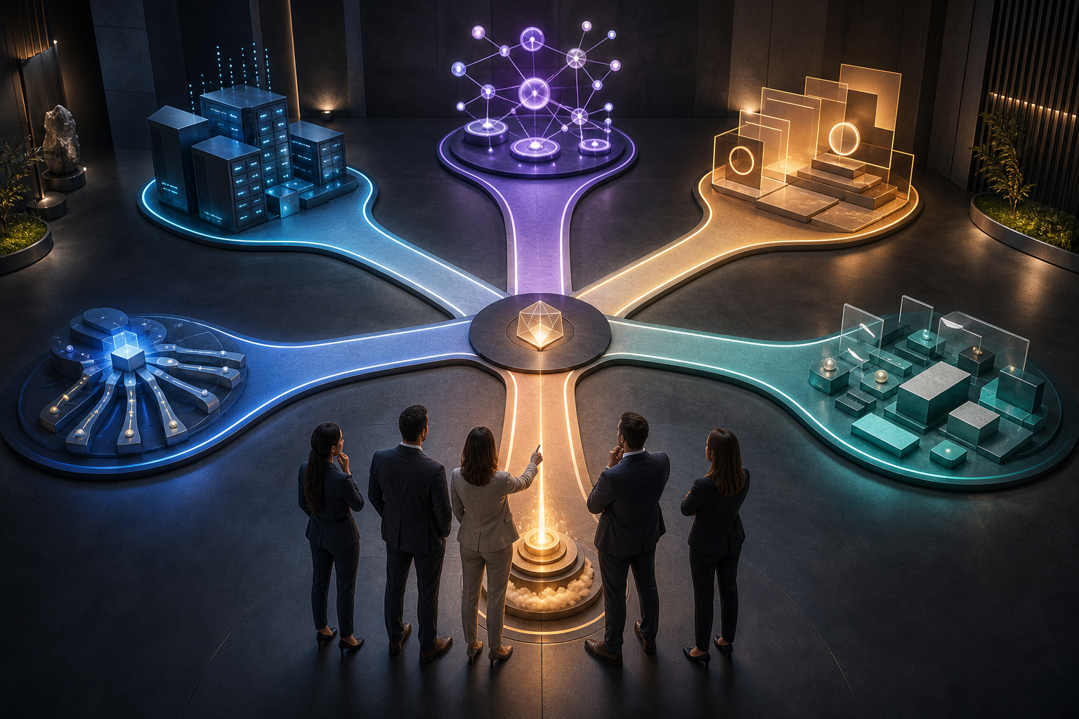 An executive team studies six illuminated pathways branching toward different abstract business and technology destinations.