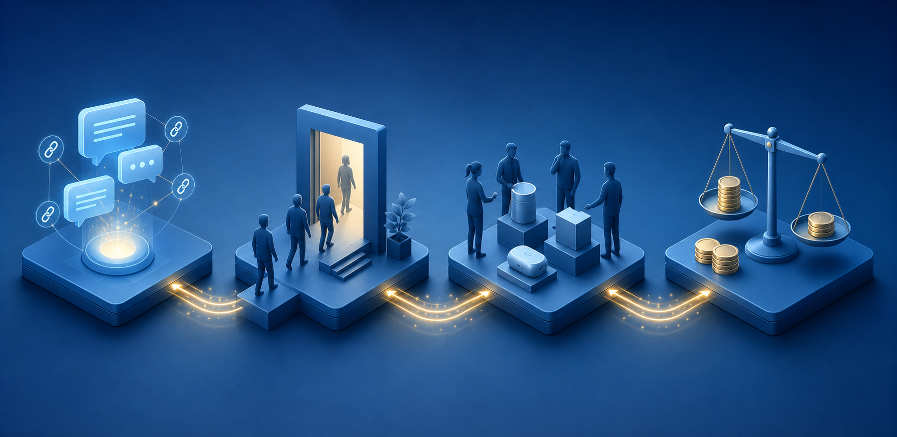 Four connected platforms depict AI responses, website visitors, qualified buyers, and financial outcomes as separate measurement layers.