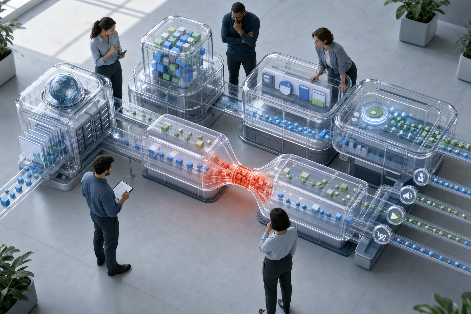 A team examines an interconnected growth system where geometric signals are backed up at one constricted junction.