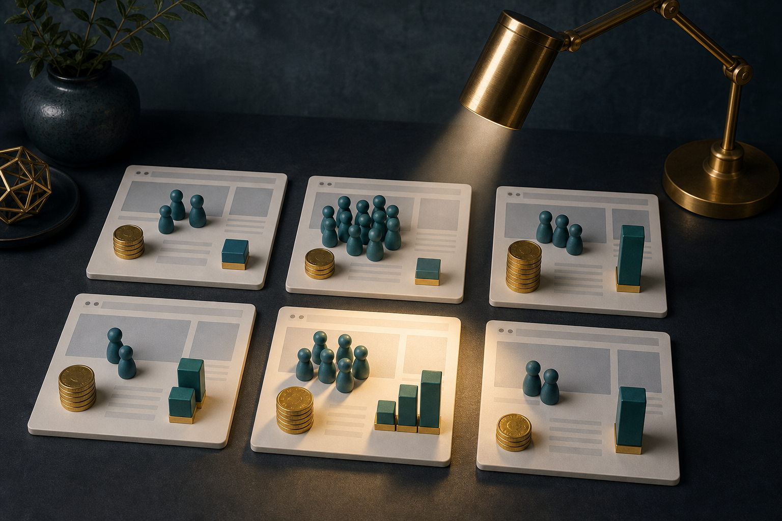 Unlabeled page tiles are compared using coins, customer tokens and margin blocks under a focused spotlight.