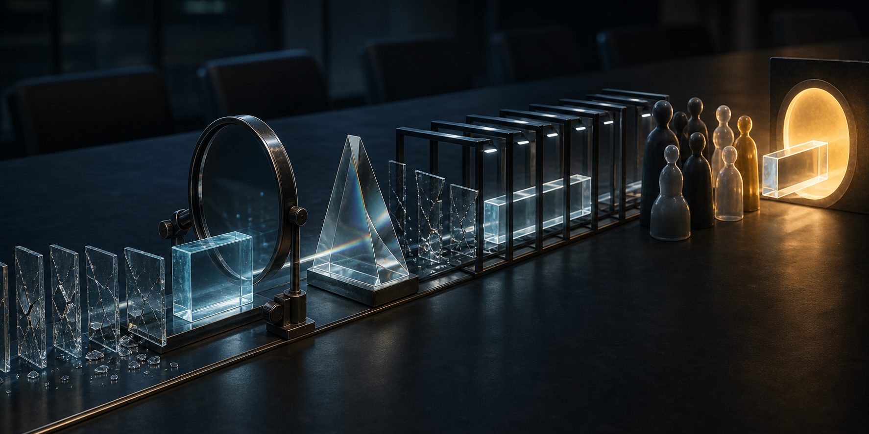 Translucent evidence tiles move through technical, research, stakeholder, and decision checkpoints, with one tile remaining intact to the end.