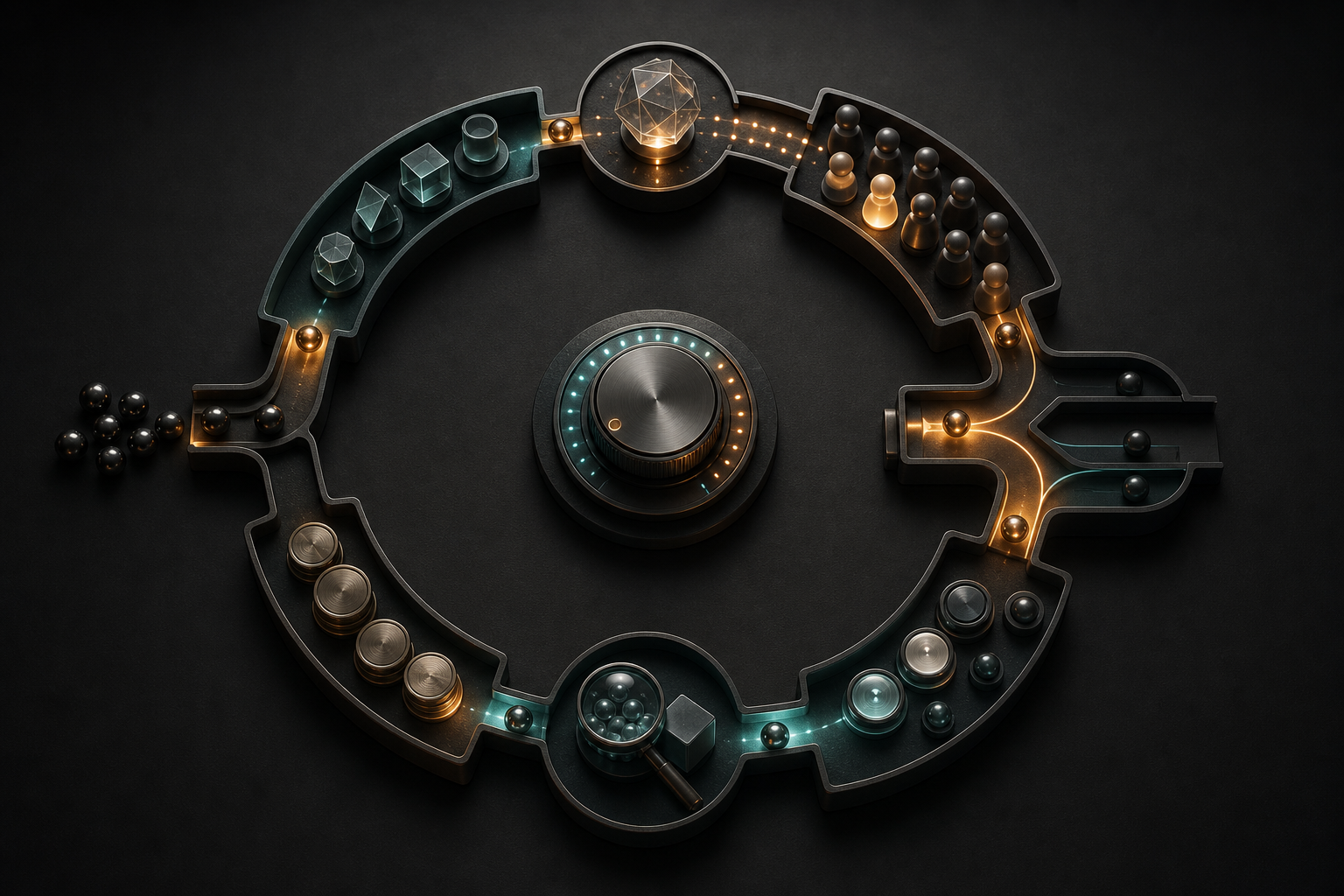 A circular system routes investment tokens through AI visibility, audience, experiment, and revenue stages before returning to an allocation dial.