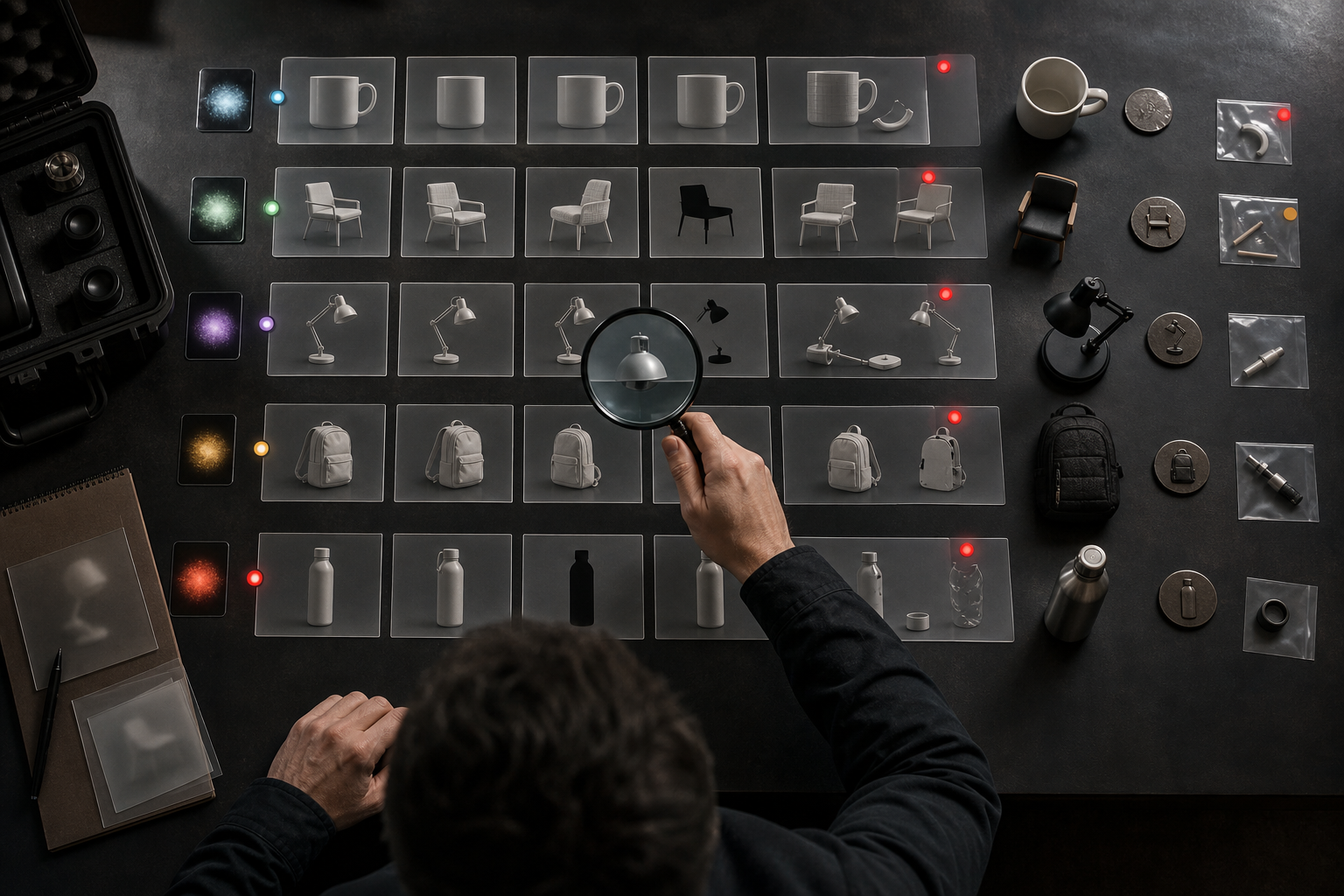 An overhead view shows an analyst inspecting translucent answer cards, evidence tokens, broken connections, and mismatched product shapes with a magnifying lens.