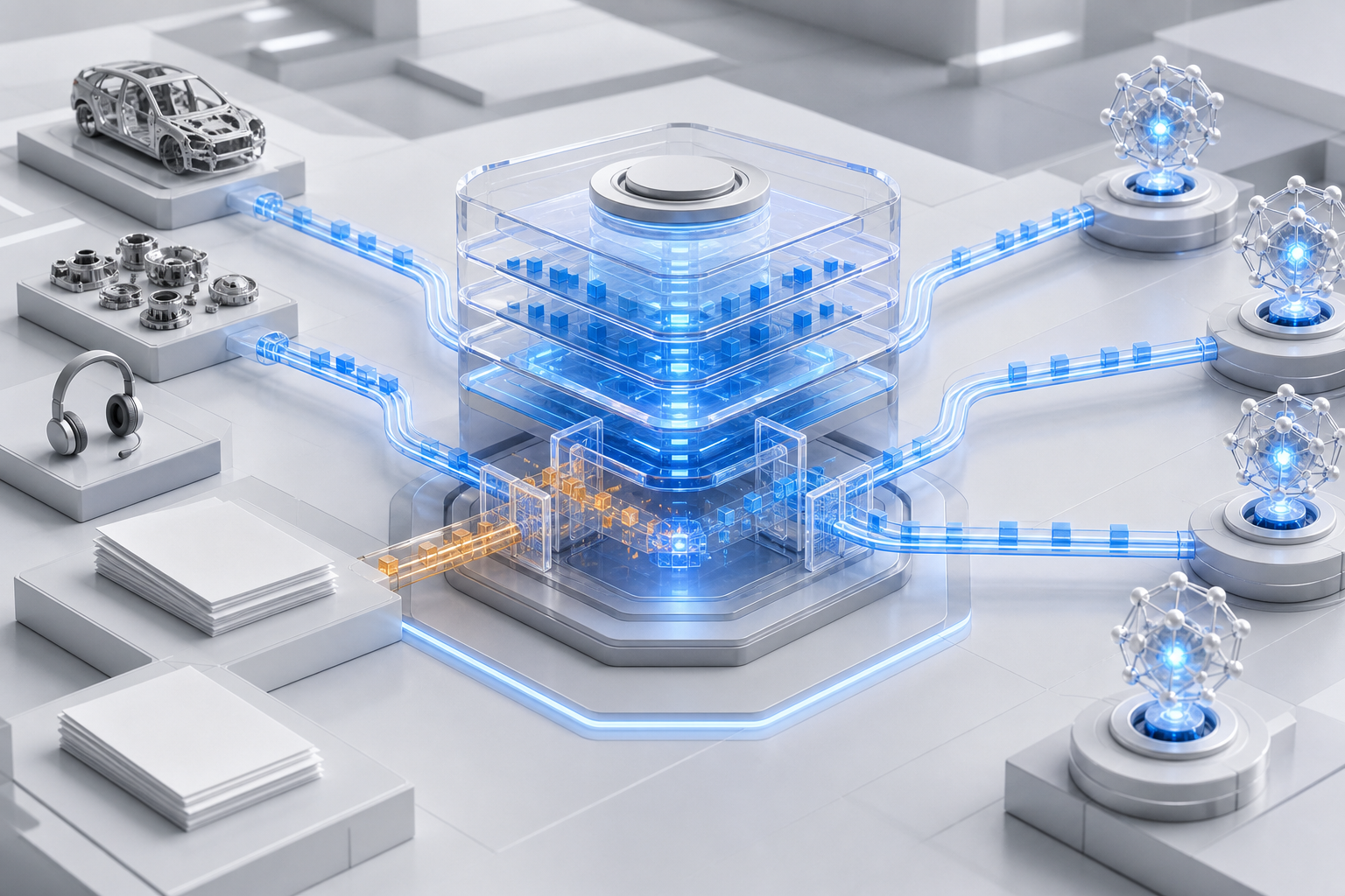 A layered central repository connects product, policy, support, and review objects to several abstract AI nodes while conflicting fragments are reconciled.