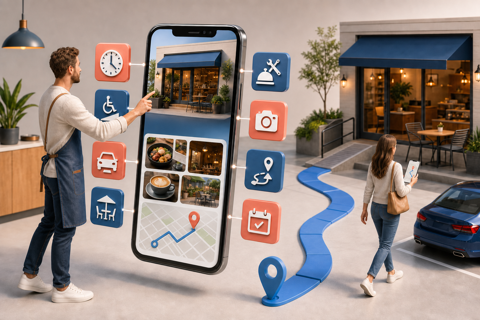 A business owner updates a map profile surrounded by symbols for hours, accessibility, parking, amenities, directions, and booking.