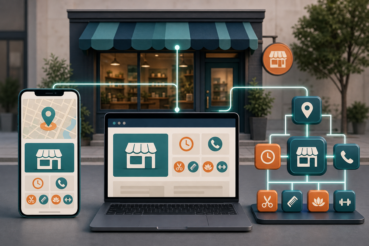 A storefront connects to matching location, hours, contact, and service symbols on a phone, laptop, and structured data network.