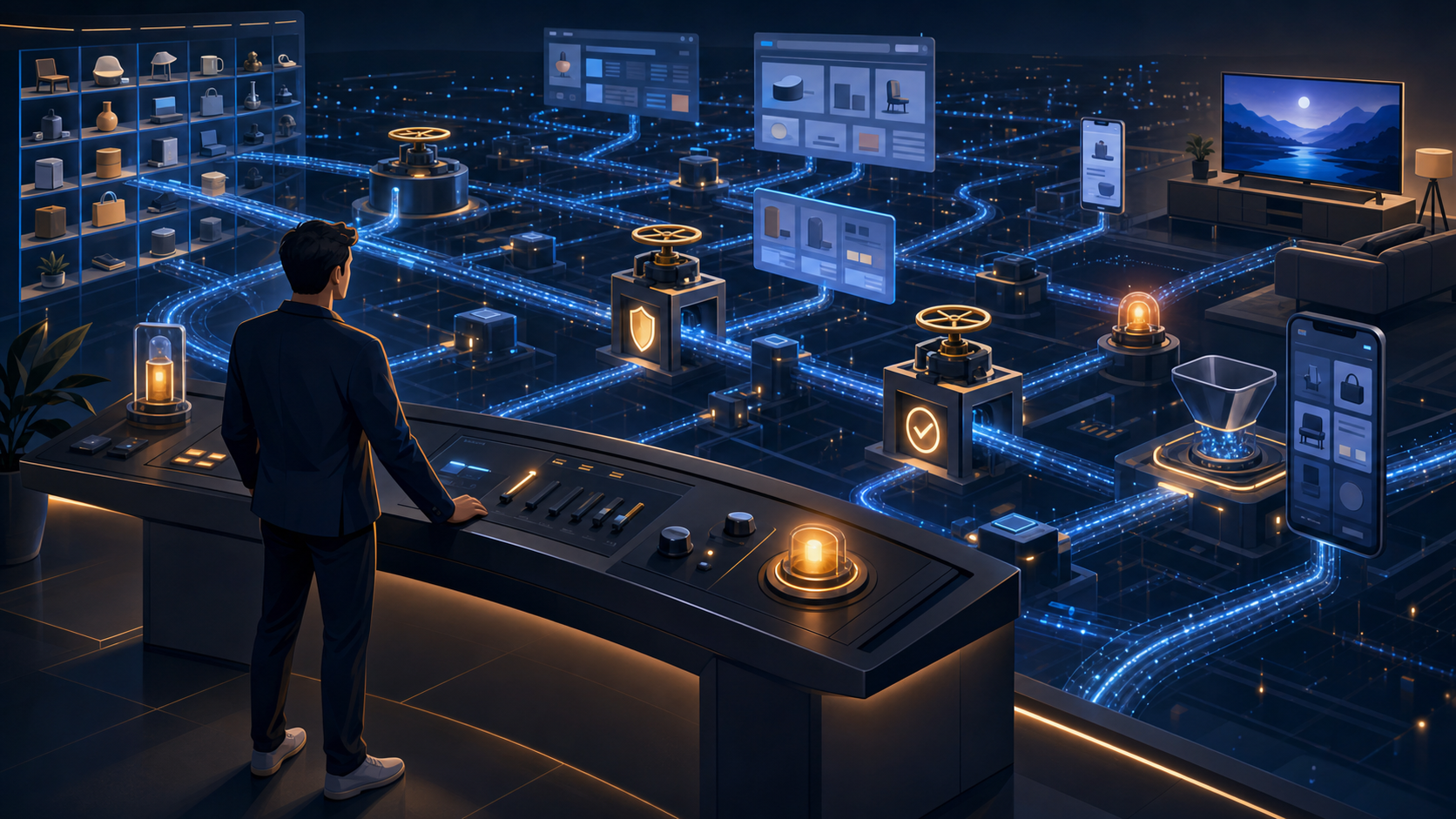 An advertising operations lead monitors automated campaign pathways connecting product data with search, mobile, web, and television placements in a control room.