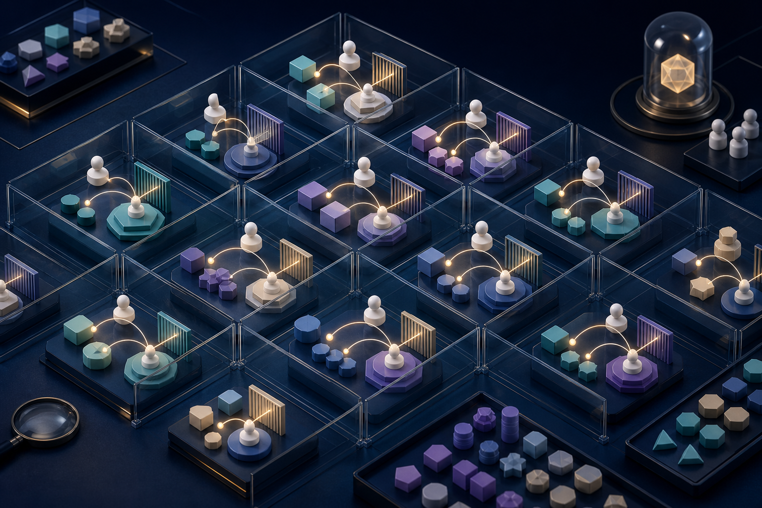 An isometric glass grid contains varied combinations of colored tokens, user figures, access gates, and glowing citation links.
