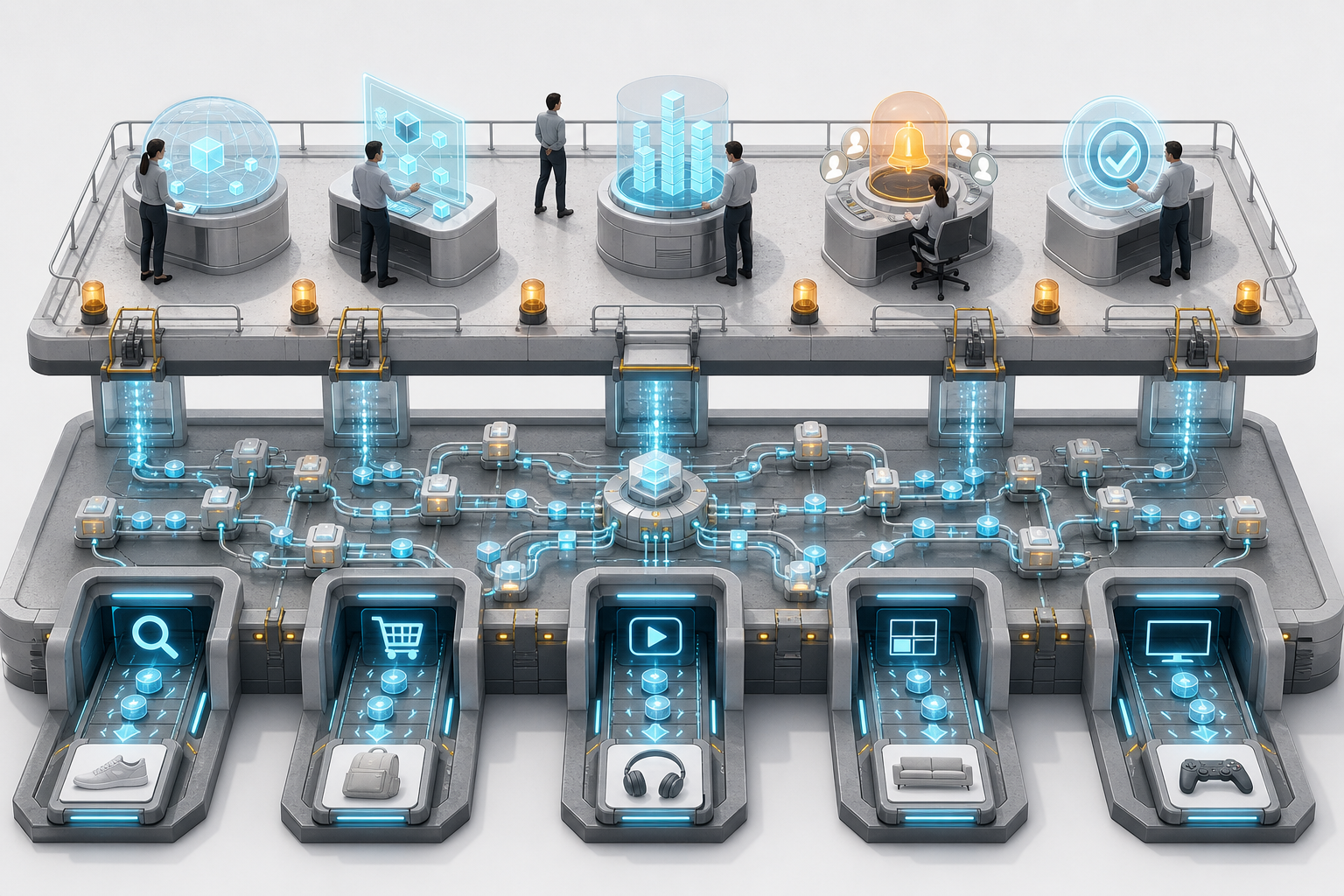An isometric operations layer with validation checkpoints, alert lights, budget controls, and approval gates sits above an automated advertising system.